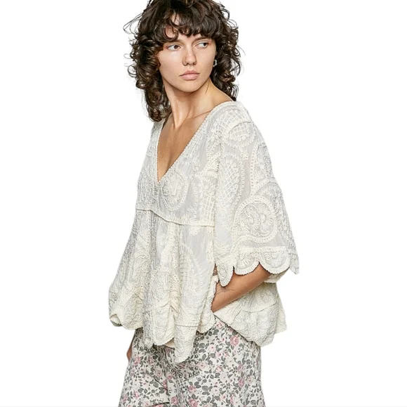 NS12. POL Crochet Bohemian V-neck Oversized Crram Blouse In One Size - Picture 3 of 4